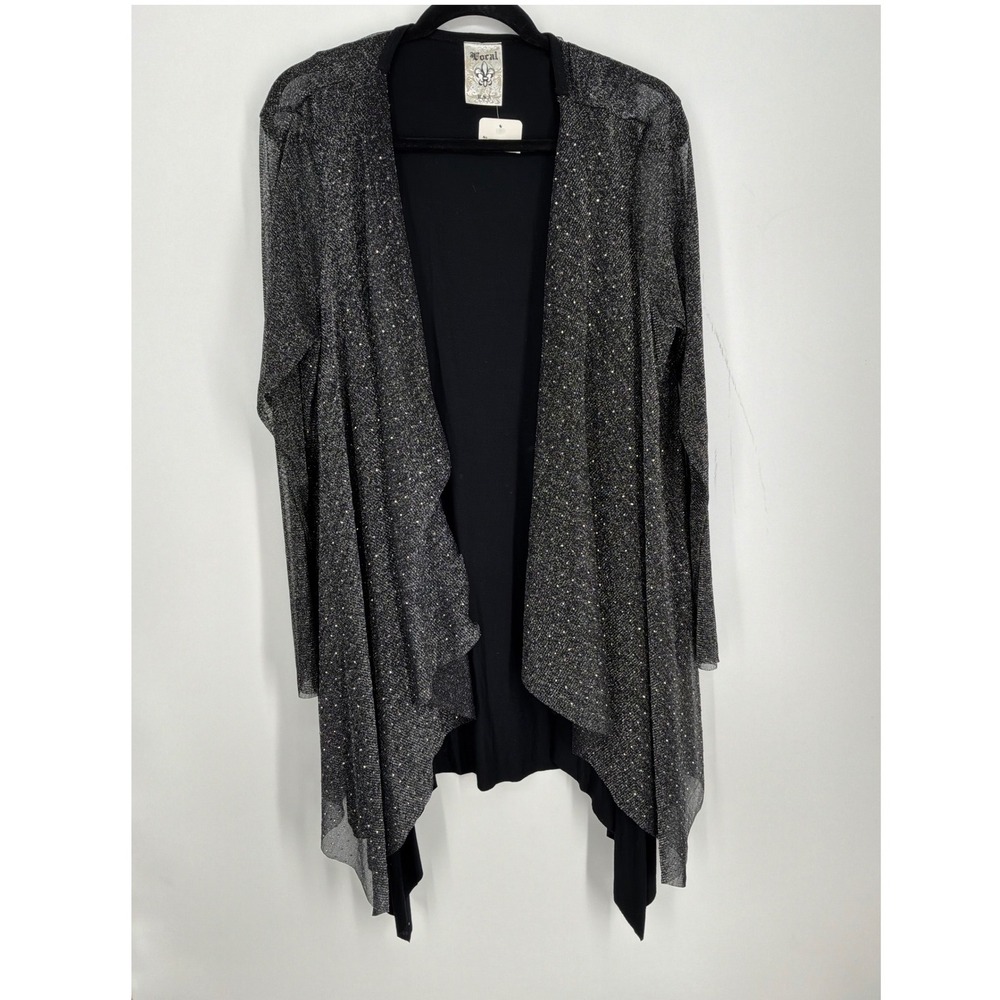 Vocal USA Womens XL Black Silver Metallic Rhinestone Open Front Cardigan Duster